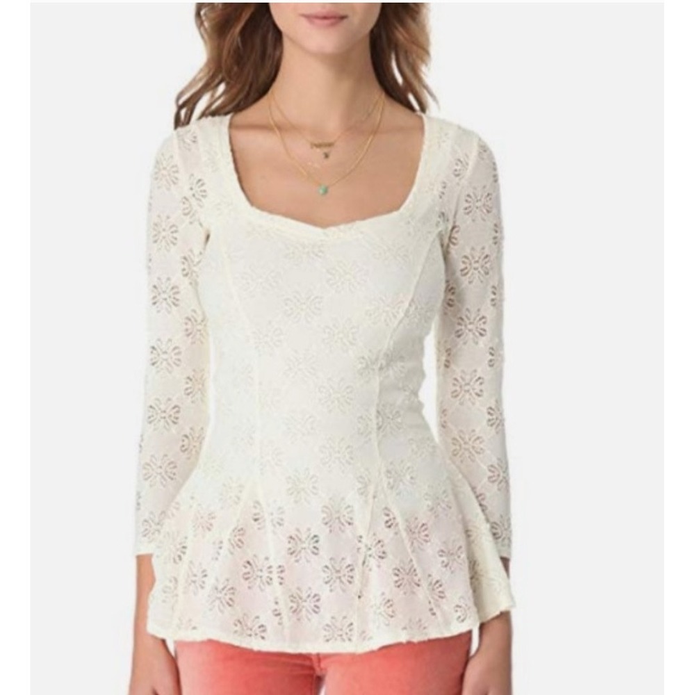 FREE PEOPLE IVORY Daisy Eyelet Lace Godet Peplum Top Size Large‎
